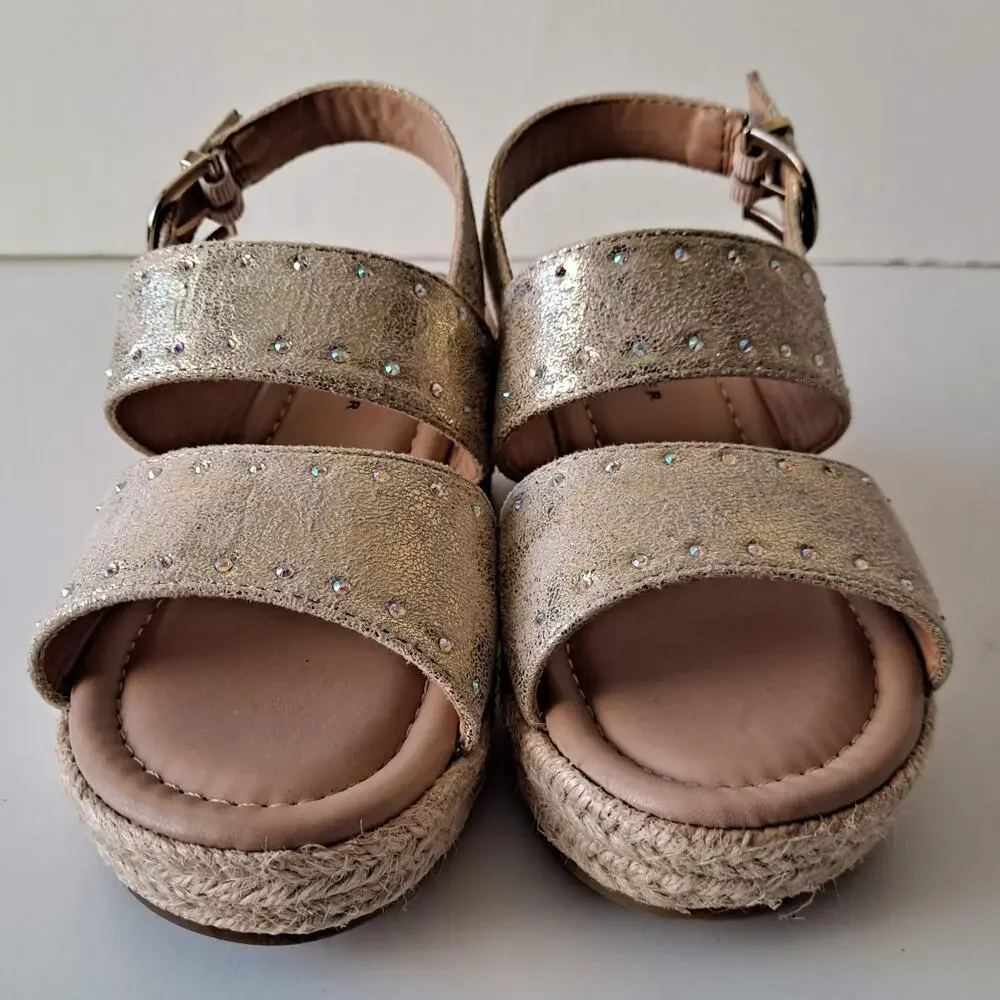 Marc Fisher Marrel Shimmer Strappy Espadrille Wedge Sandals Gold Girls Size 2